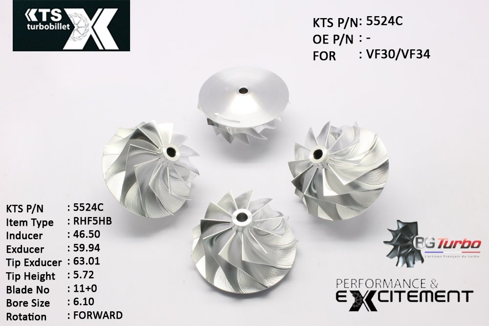 Turbo ROUE FORGÉE MFS PERFORMANCE - 11+0 PALES - INDUCER : 46,5 - EXDUCER : 59,94 - TYPE : RHF5HBANGLE : 60° - ROTATION : Forward - SUPER BACK : 3,71 - BORE SIZE : 6,1
